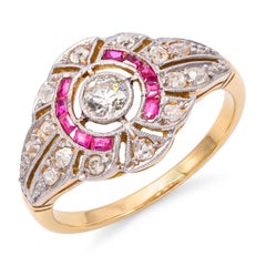 Edwardian Platinum Topped 18k Gold Diamond and Ruby Filigree Ring