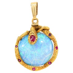 Antique 14k Yellow Gold 7.35ct Opal and Ruby Coiled Snake Pendant