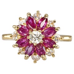 14k Yellow Gold Diamond and Ruby Floral Cluster Ring