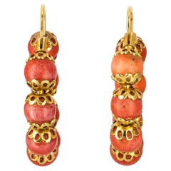 Antique 18k Yellow Gold Coral Bead Hoop Earrings