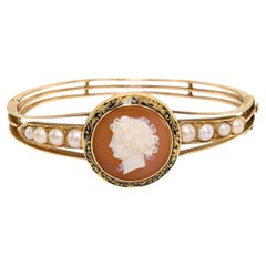 Antique 14k Yellow Gold Hardstone Cameo and Pearl Hinged Cuff Bracelet