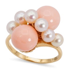 Vintage 9k Yellow Gold Coral and Cultured Pearl Cluster Ring