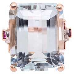 Vintage 14k Rose Gold 17.8ct Aquamarine Diamond and Ruby Ring