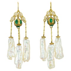 Vintage 9k Yellow Gold Pearl Etruscan Revival Chandelier Earrings