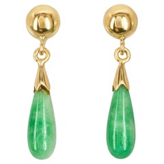 Vintage Yellow Gold Jade Dangle Drop Earrings