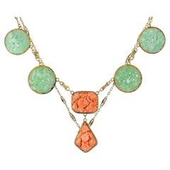 Vintage Yellow Gold Carved Jadeite and Coral Drop Necklace