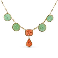 Vintage Yellow Gold Carved Jadeite and Coral Drop Necklace