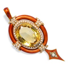 Antique Victorian 19k Yellow Gold Citrine Pearl Enamel Pendant