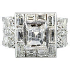 Vintage 9k White Gold Step Cut Diamond Halo Engagement Ring