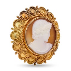 Antique Victorian 19k Yellow Gold Etruscan Revival Shell Cameo Pendant Brooch