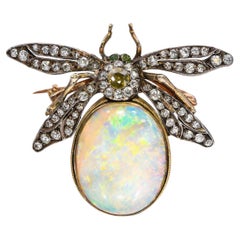 Antique Victorian 9k Yellow Gold 18.36ct Opal & Diamond Bee Brooch
