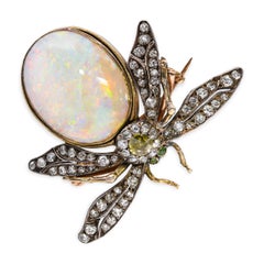 Antique Victorian 9k Yellow Gold 18.36ct Opal & Diamond Bee Brooch