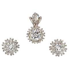 18k White Gold Diamond Halo Pendant and Stud Earrings Set
