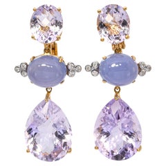 Vintage 18k Yellow Gold Lavender Amethyst Iolite and Diamond Drop Earrings