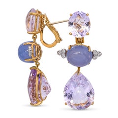 Vintage 18k Yellow Gold Lavender Amethyst Iolite and Diamond Drop Earrings