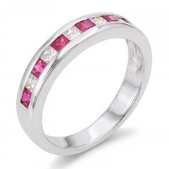 Vintage 14k White Gold Ruby and Diamond Alternating Half-Eternity Band Ring