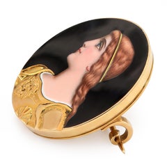 Antique Victorian 16k Yellow Gold Joan of Arc Enamel Brooch