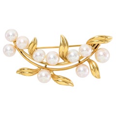 Vintage Mikimoto Yellow Gold Akoya Pearl Leaf Brooch