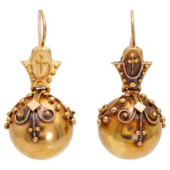 Antique Victorian Etruscan Revival 19k Yellow Gold Drop Earrings