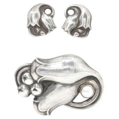 Georg Jensen Sterling Silver Pearl No. 100 Tulip Brooch & Earrings