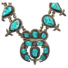Vintage Navajo Sterling Silver Morenci Turquoise Squash Blossom Necklace