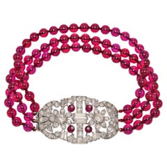 Antique Art Deco Lab Ruby & 3.85 TCW Diamond Platinum Beaded Multi-Strand Bracelet