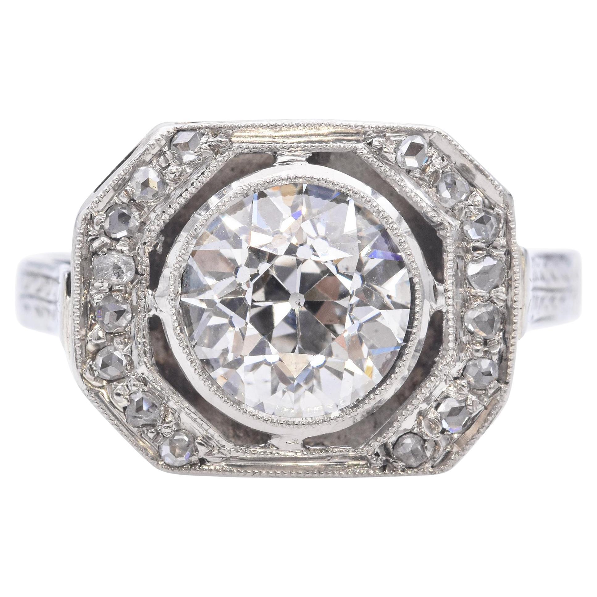 Bague Art déco ancienne en or blanc 18 carats avec diamant taille vieille Europe de 1,46 carat H VS2 certifié GIA en vente