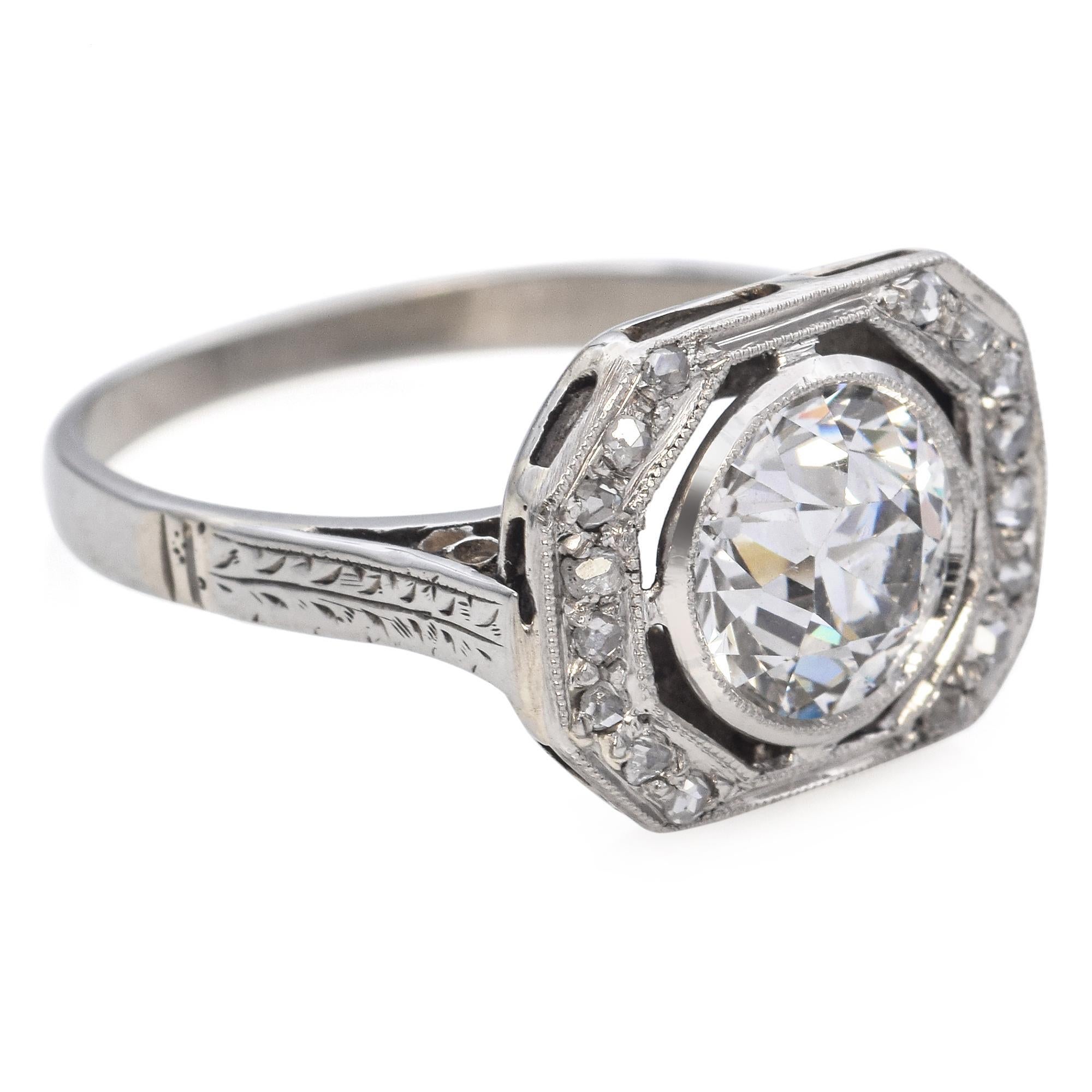 Bague Art déco ancienne en or blanc 18 carats avec diamant taille vieille Europe de 1,46 carat H VS2 certifié GIA Pour femmes en vente