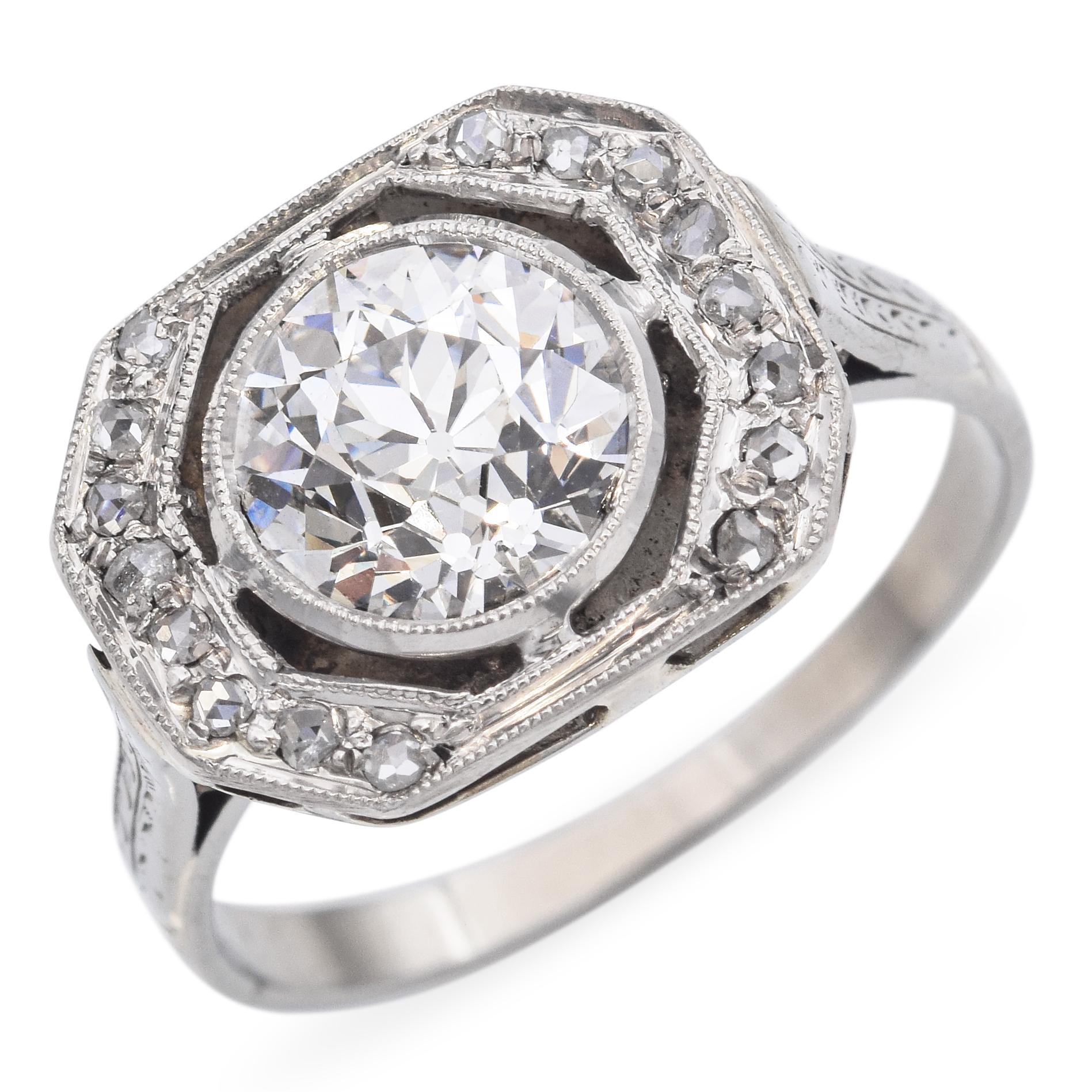 Bague Art déco ancienne en or blanc 18 carats avec diamant taille vieille Europe de 1,46 carat H VS2 certifié GIA en vente 1