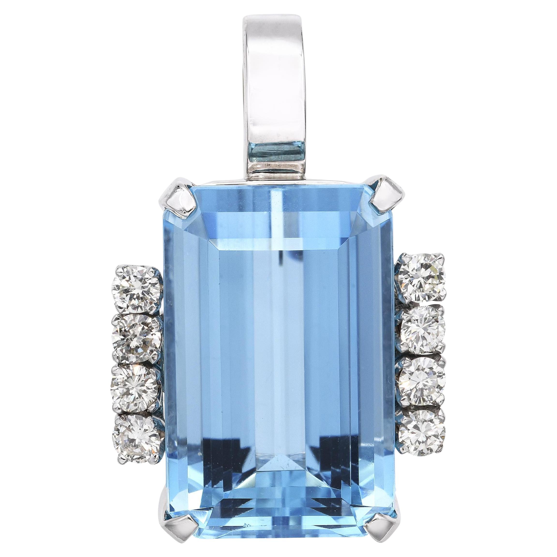 Pendentif vintage en or blanc 14k 28.5ct aigue-marine et diamant Santa Maria