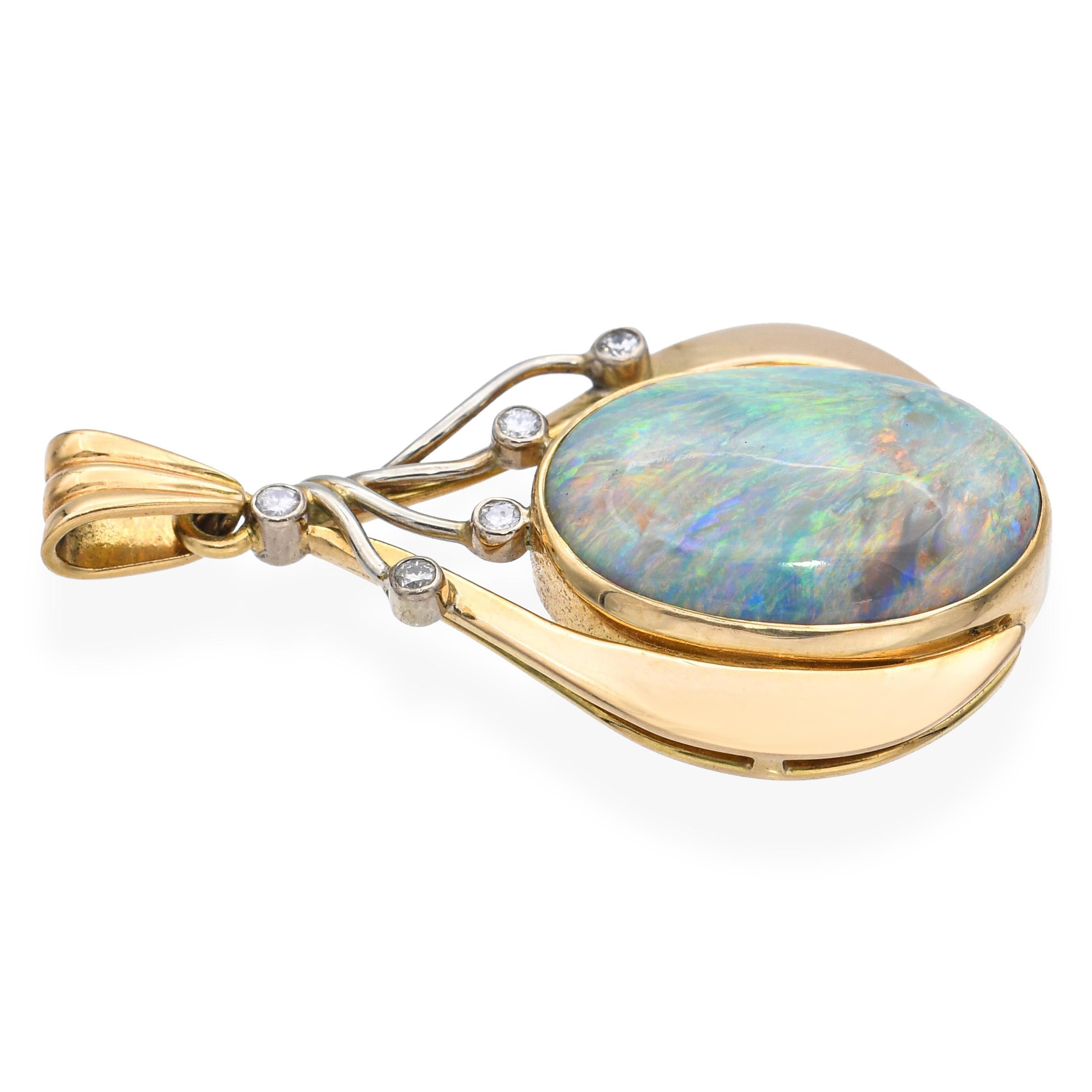Pendentif vintage en or jaune 18k 8.75ct Semi Opale Noire et Diamant Bon état - En vente à New York, NY