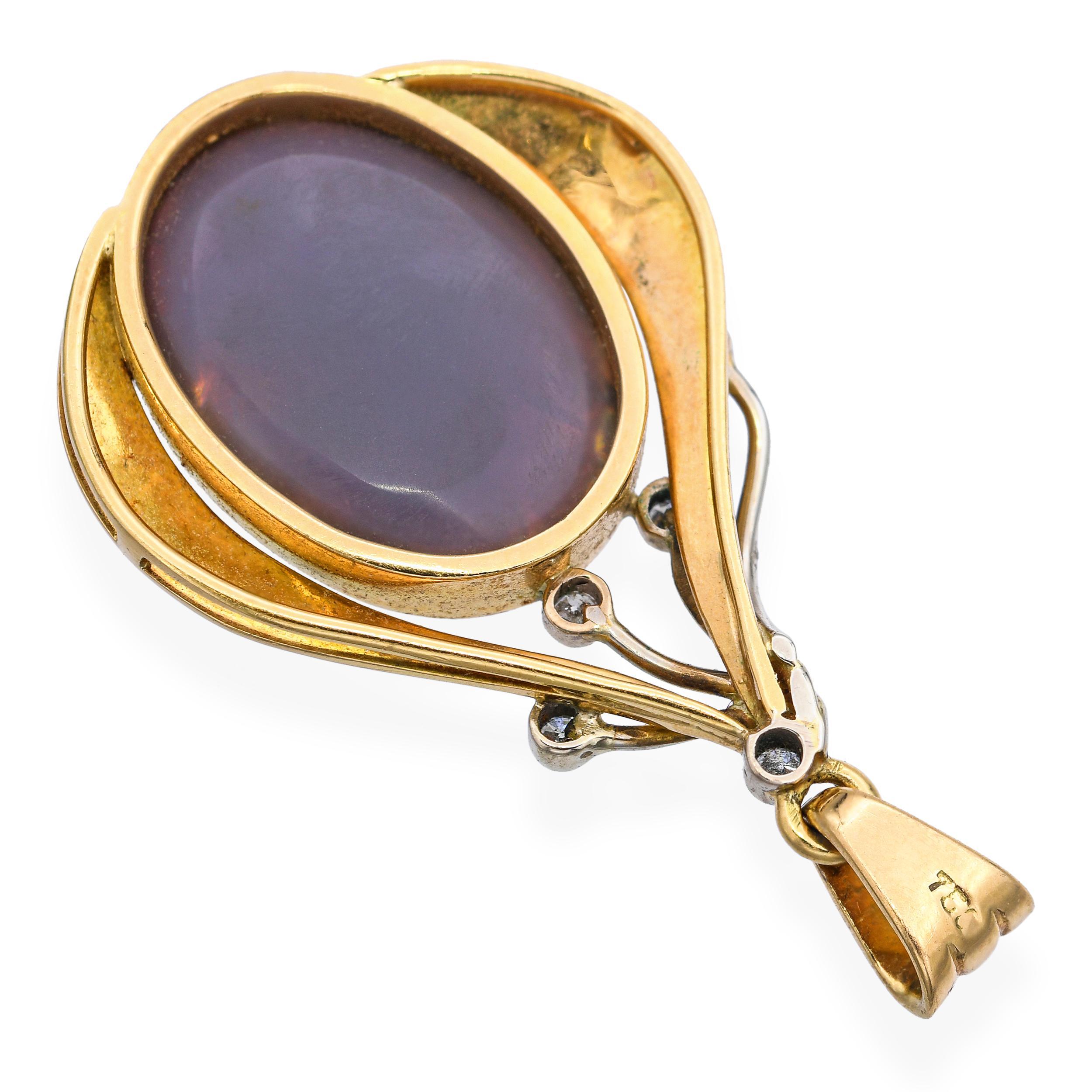 Pendentif vintage en or jaune 18k 8.75ct Semi Opale Noire et Diamant Unisexe en vente