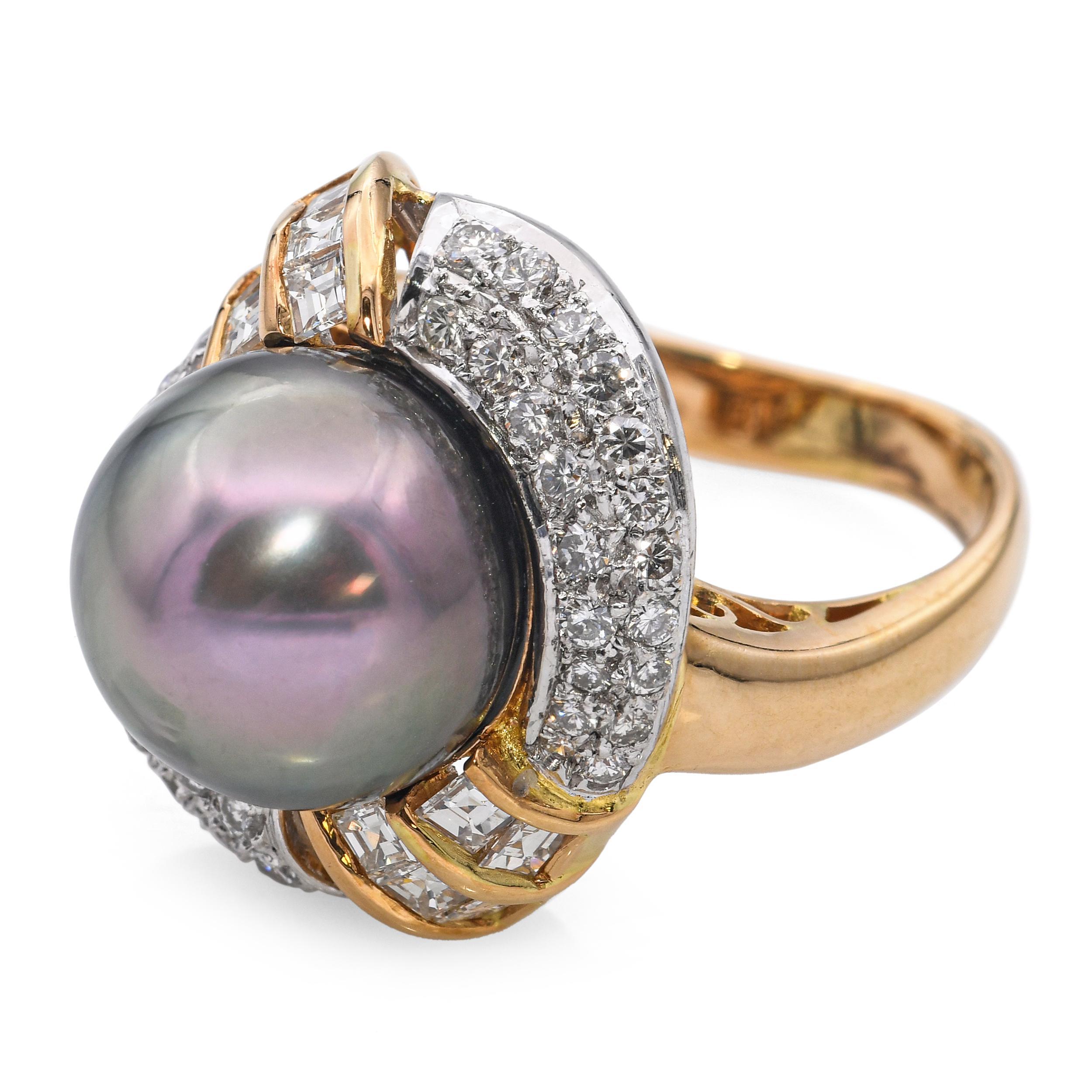 Taille mixte Bague en or jaune 18k avec perles de Tahiti et diamants en vente