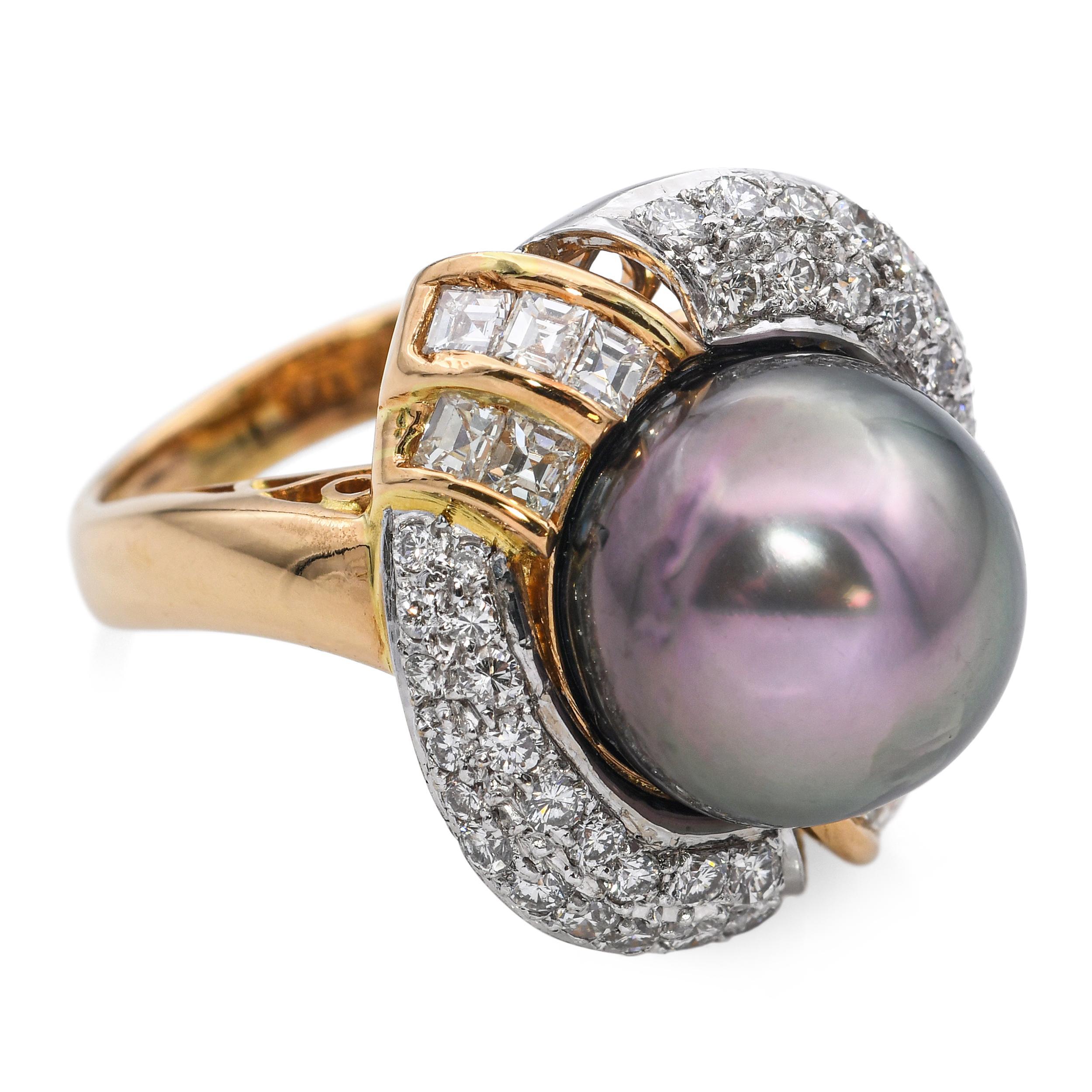 Bague en or jaune 18k avec perles de Tahiti et diamants Pour femmes en vente