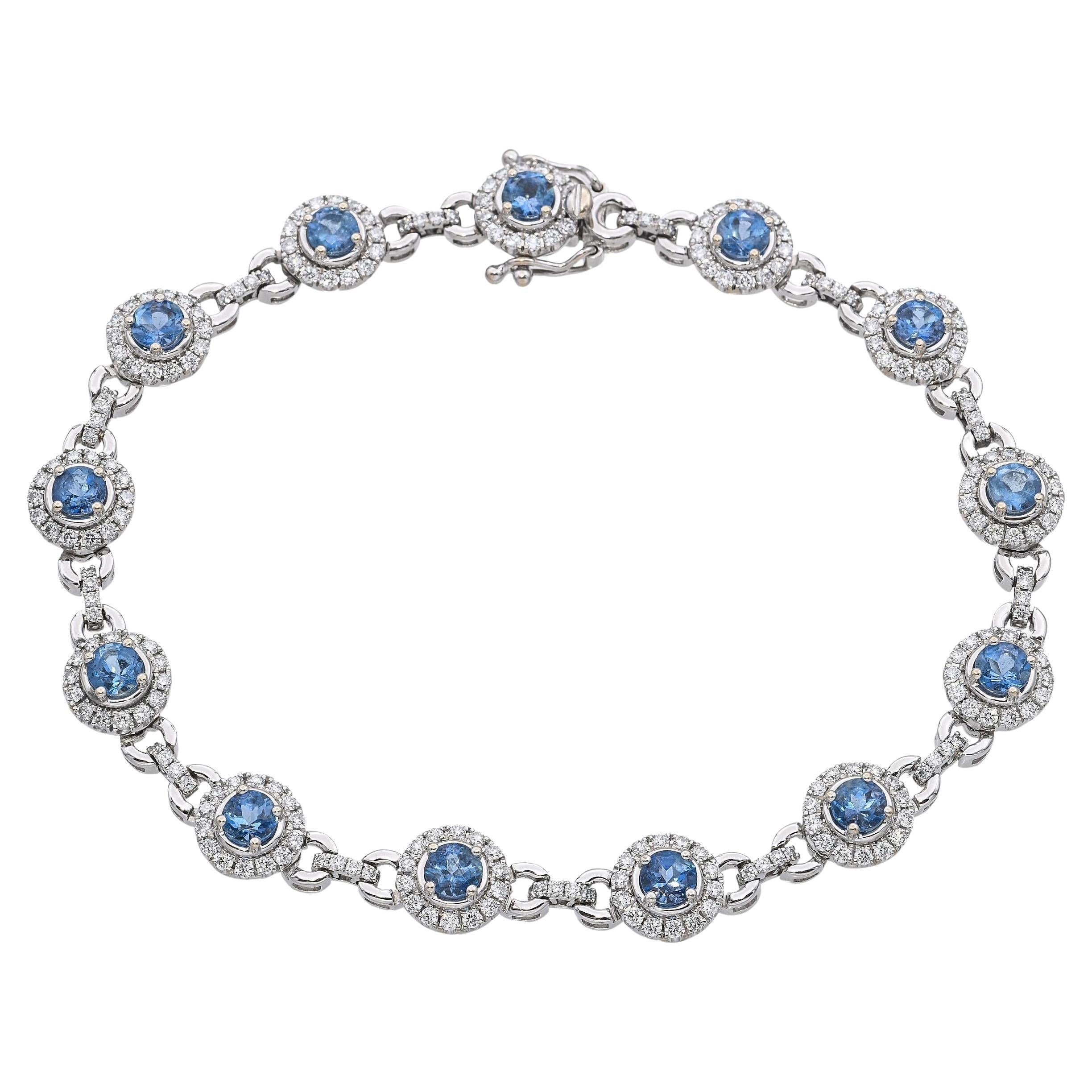 Pulsera Link de Aguamarina y Diamantes de Oro Blanco de 18k
