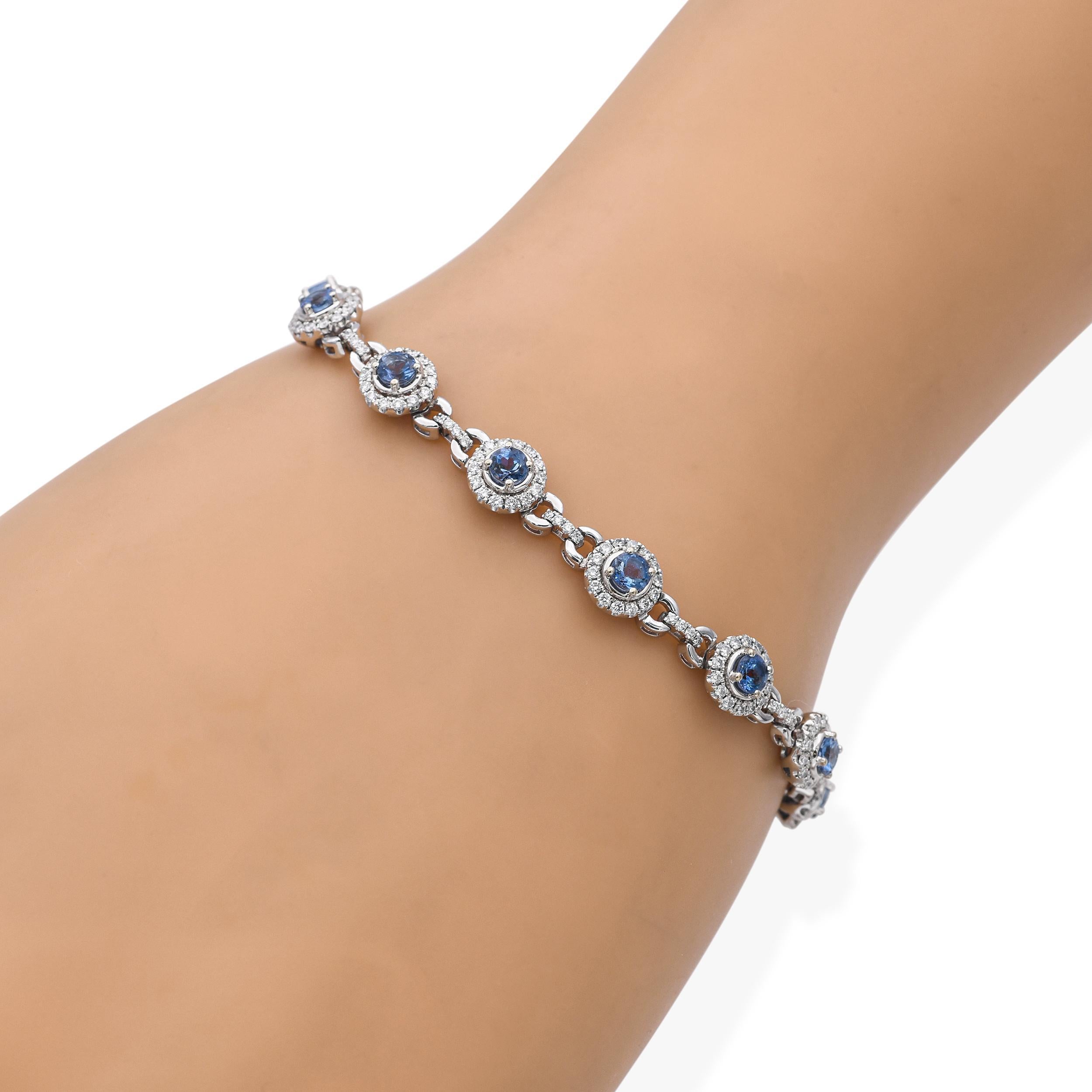 Taille brillant Bracelet à maillons en or blanc 18k aigue-marine et diamant en vente