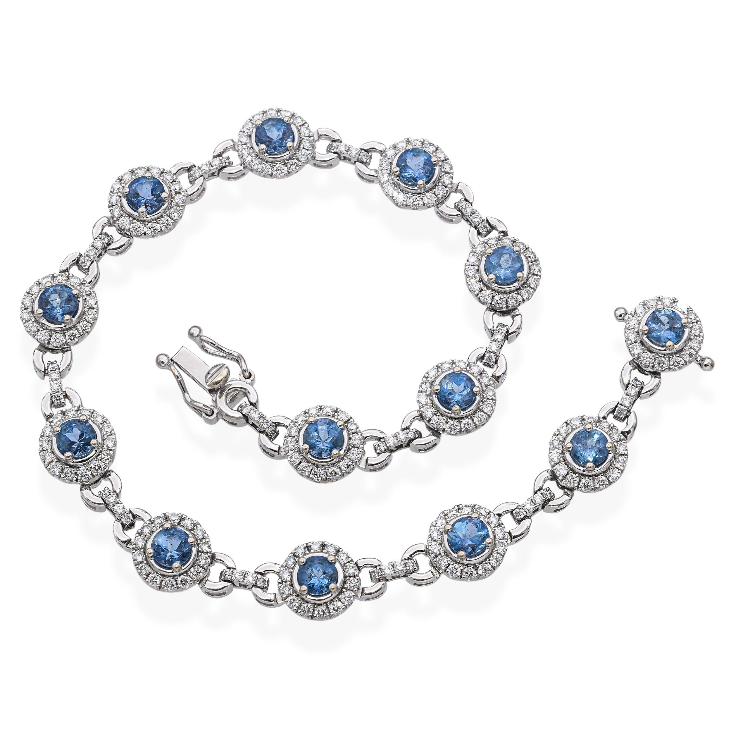 Bracelet à maillons en or blanc 18k aigue-marine et diamant en vente 1