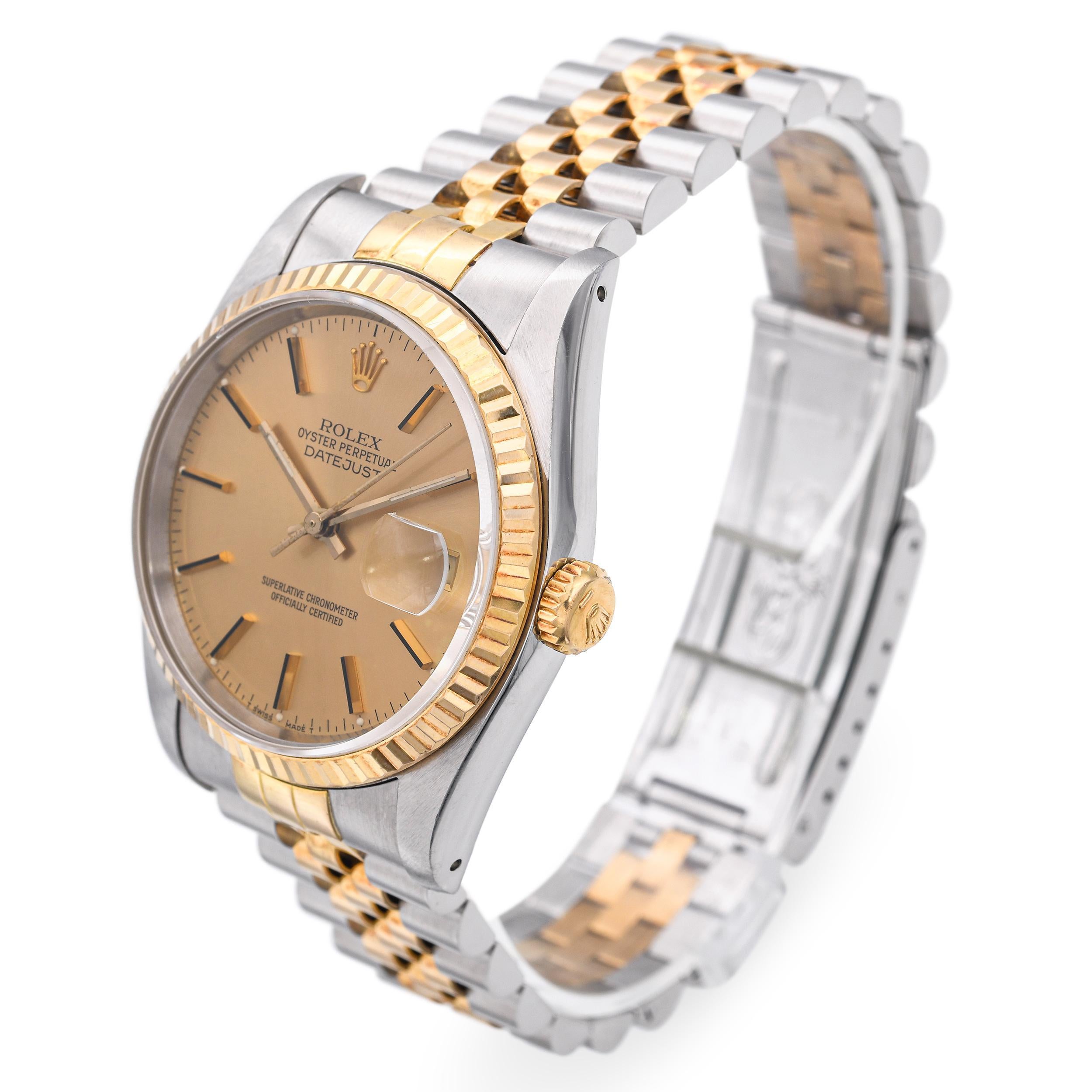 Die Rolex Datejust Ref. 16233 ist ein echter Klassiker unter den Rolex-Modellen. 16233 kombiniert dauerhaften Stil mit präziser Technik. Dieses Vintage-Modell besticht durch sein zweifarbiges Design, bei dem Edelstahl und 18-karätiges Gelbgold zu