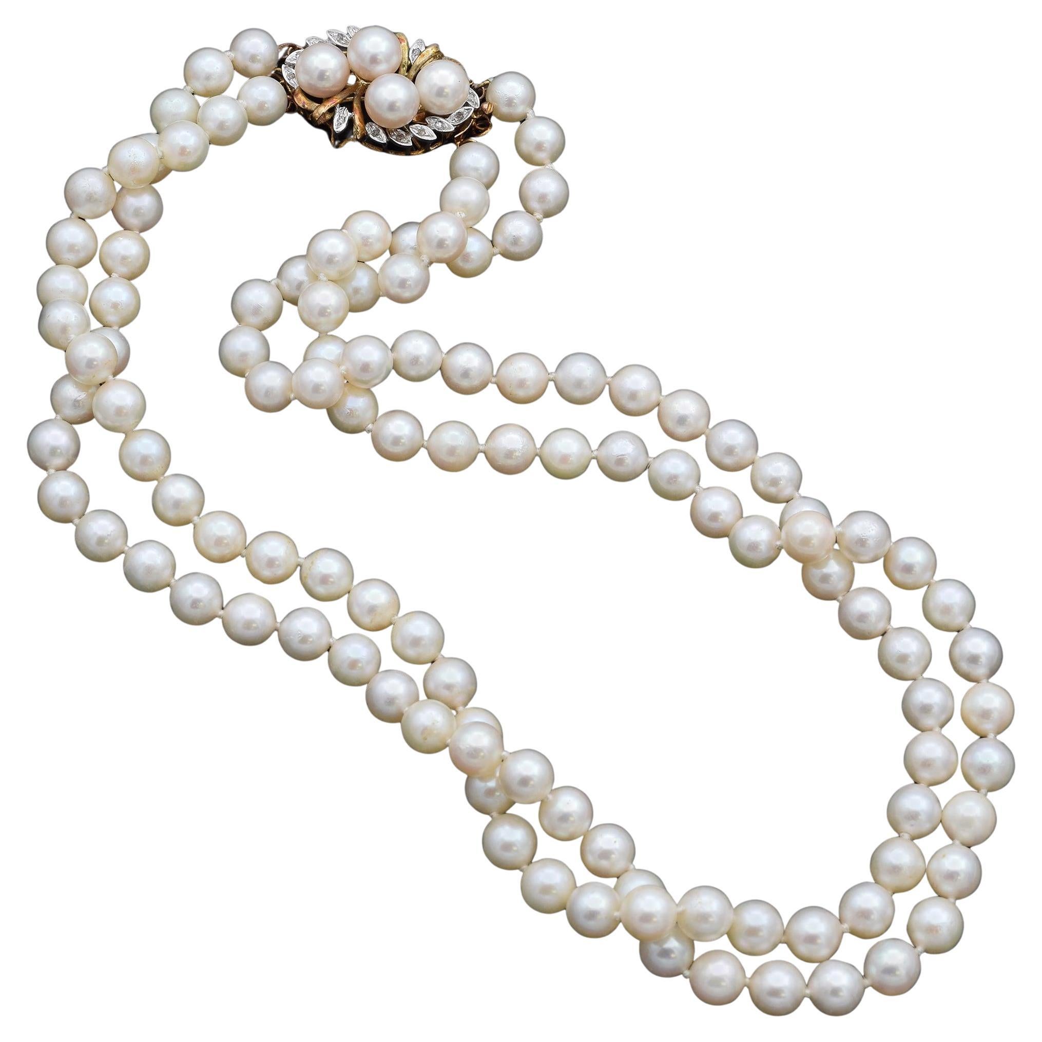 Collana a doppio filo con perle e diamanti d'epoca in oro giallo 14K