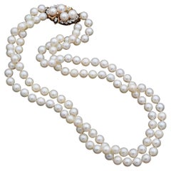Collana a doppio filo con perle e diamanti d'epoca in oro giallo 14K