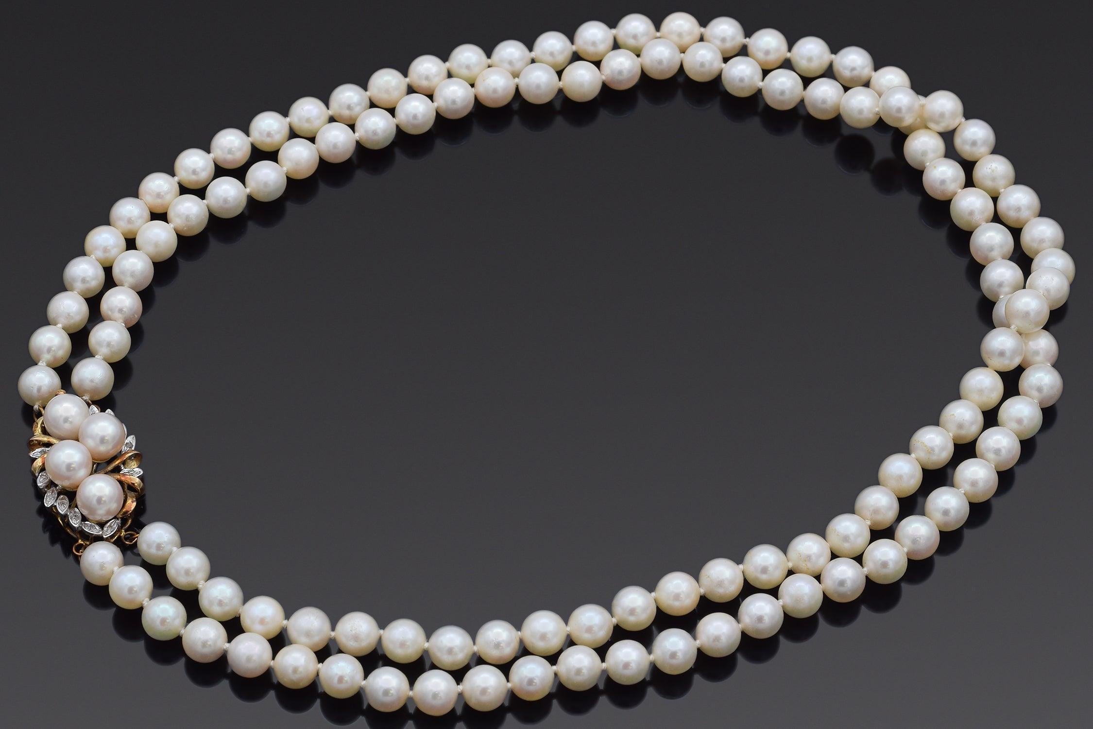Donna Collana a doppio filo con perle e diamanti d'epoca in oro giallo 14K in vendita