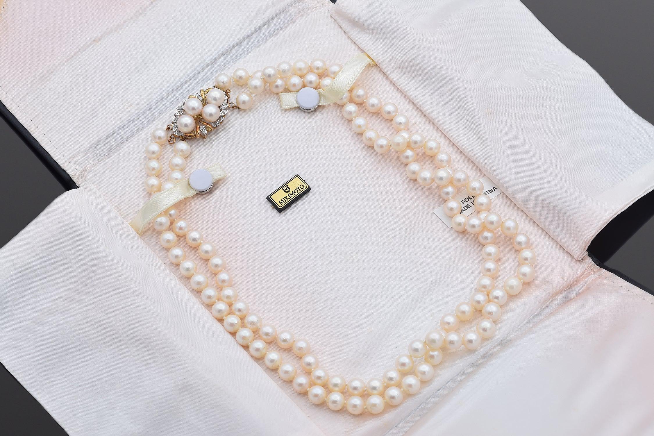Collana a doppio filo con perle e diamanti d'epoca in oro giallo 14K In condizioni buone in vendita a New York, NY