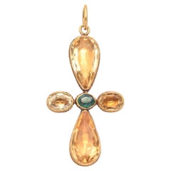 Antique Georgian 18k Yellow Gold Citrine & Green Paste Closed Back Cross Pendant