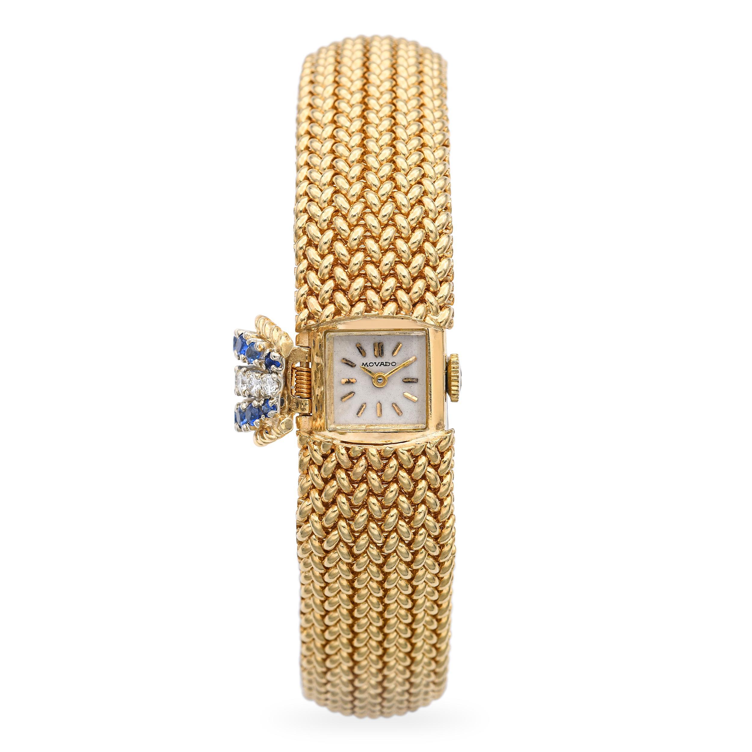 Taille ronde Montre pour femme Movado en or jaune 14k, diamant saphir cadran caché en vente
