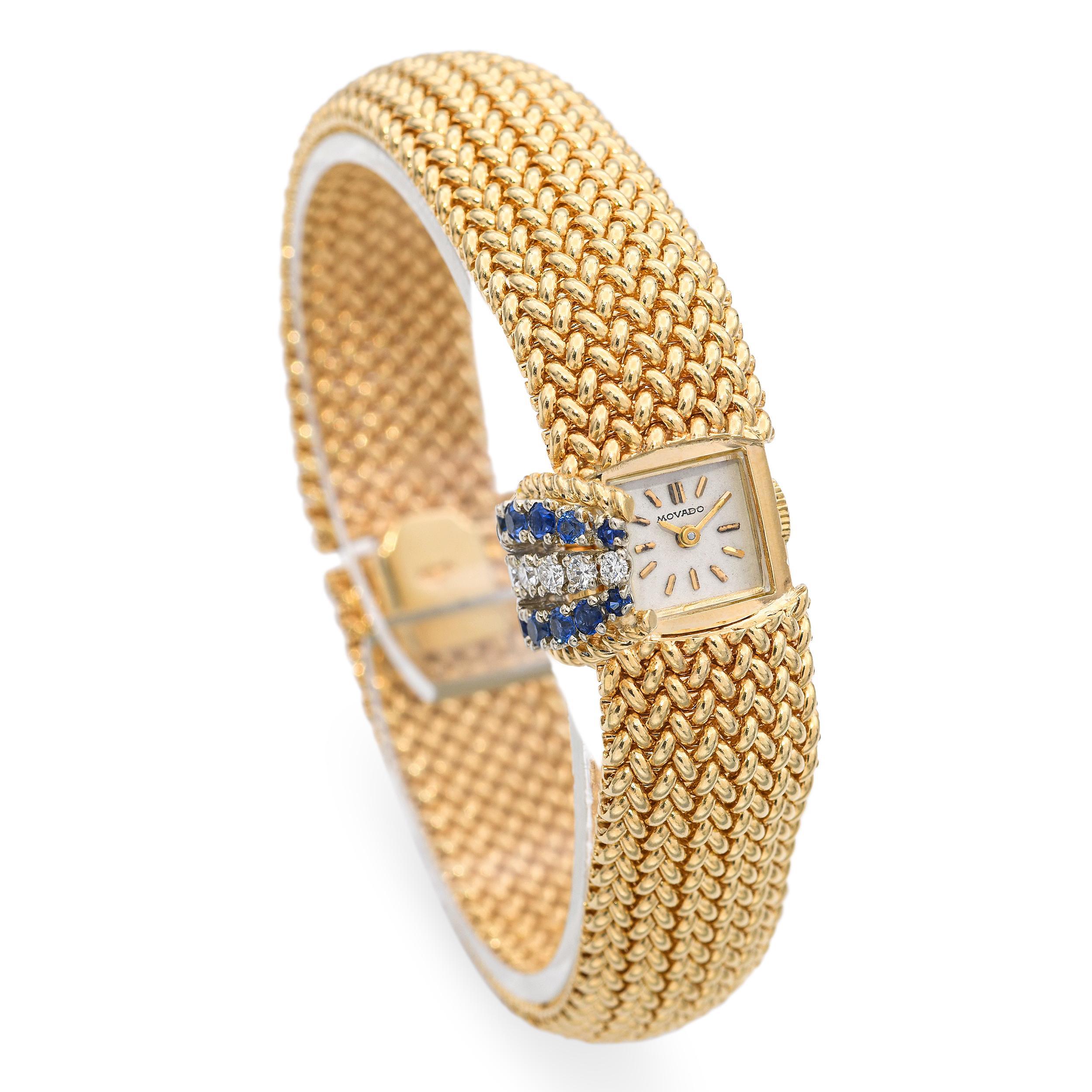 Marque : Movado
Taille du boîtier : 15 mm
Mouvement : Mécanique
Pierre : Diamant, saphir bleu
MATERIAL : Or jaune 14k
Taille : 6.5