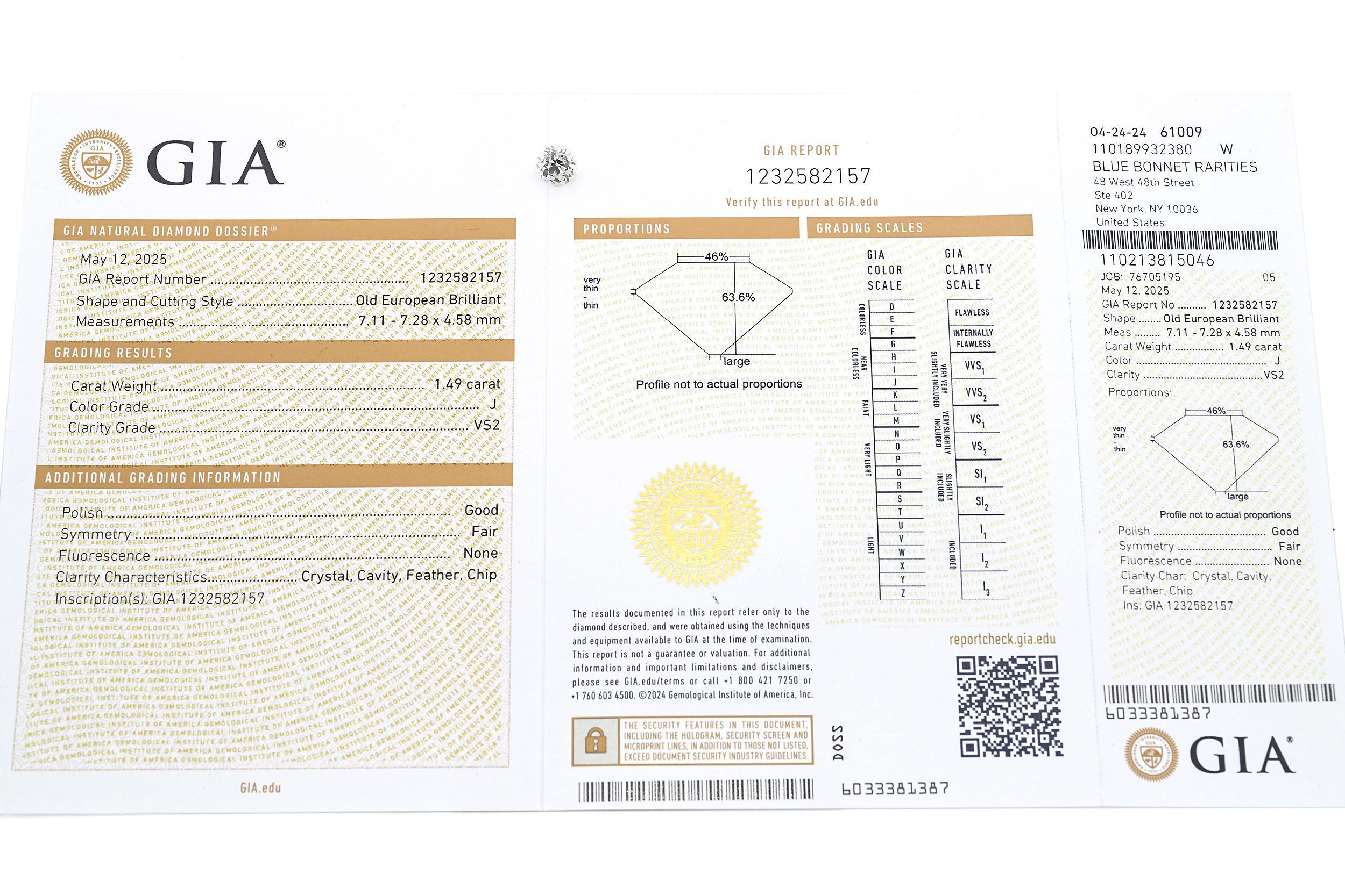 Diamante GIA certificato Old European Cut 1,49ct J VS2 In condizioni buone in vendita a New York, NY