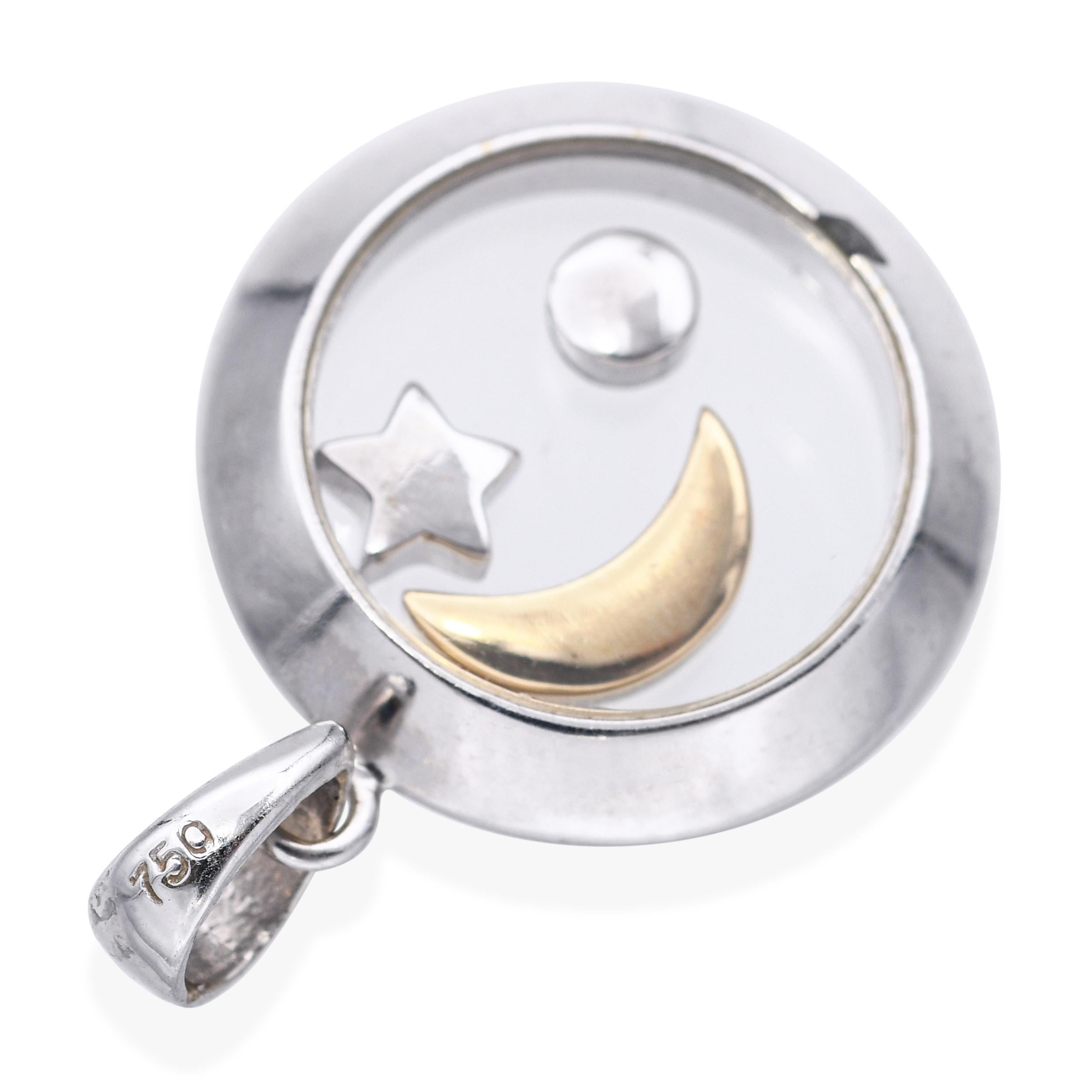 Pendentif lune et étoiles flottantes en or blanc 18k et diamants Bon état - En vente à New York, NY