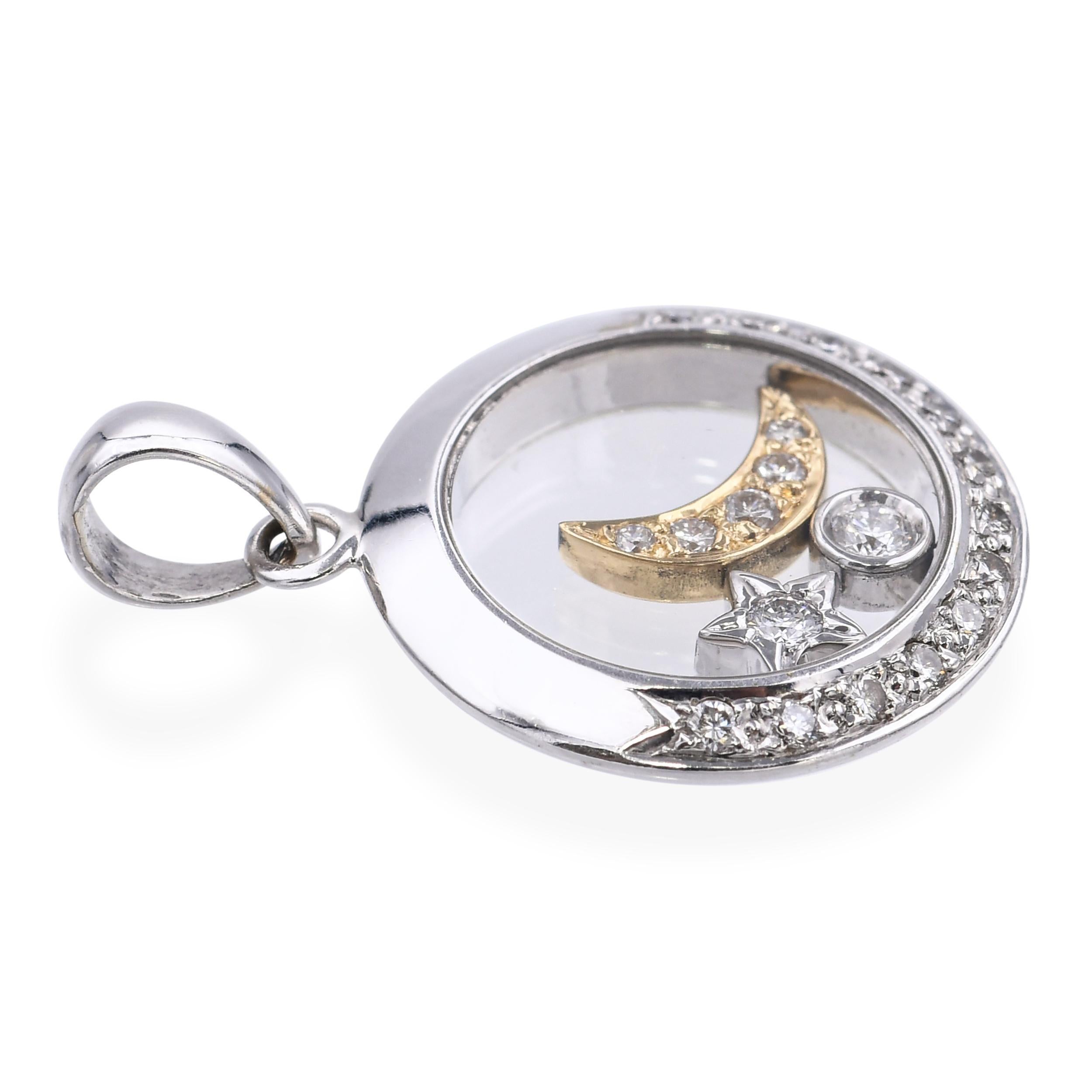 Pendentif lune et étoiles flottantes en or blanc 18k et diamants en vente 1