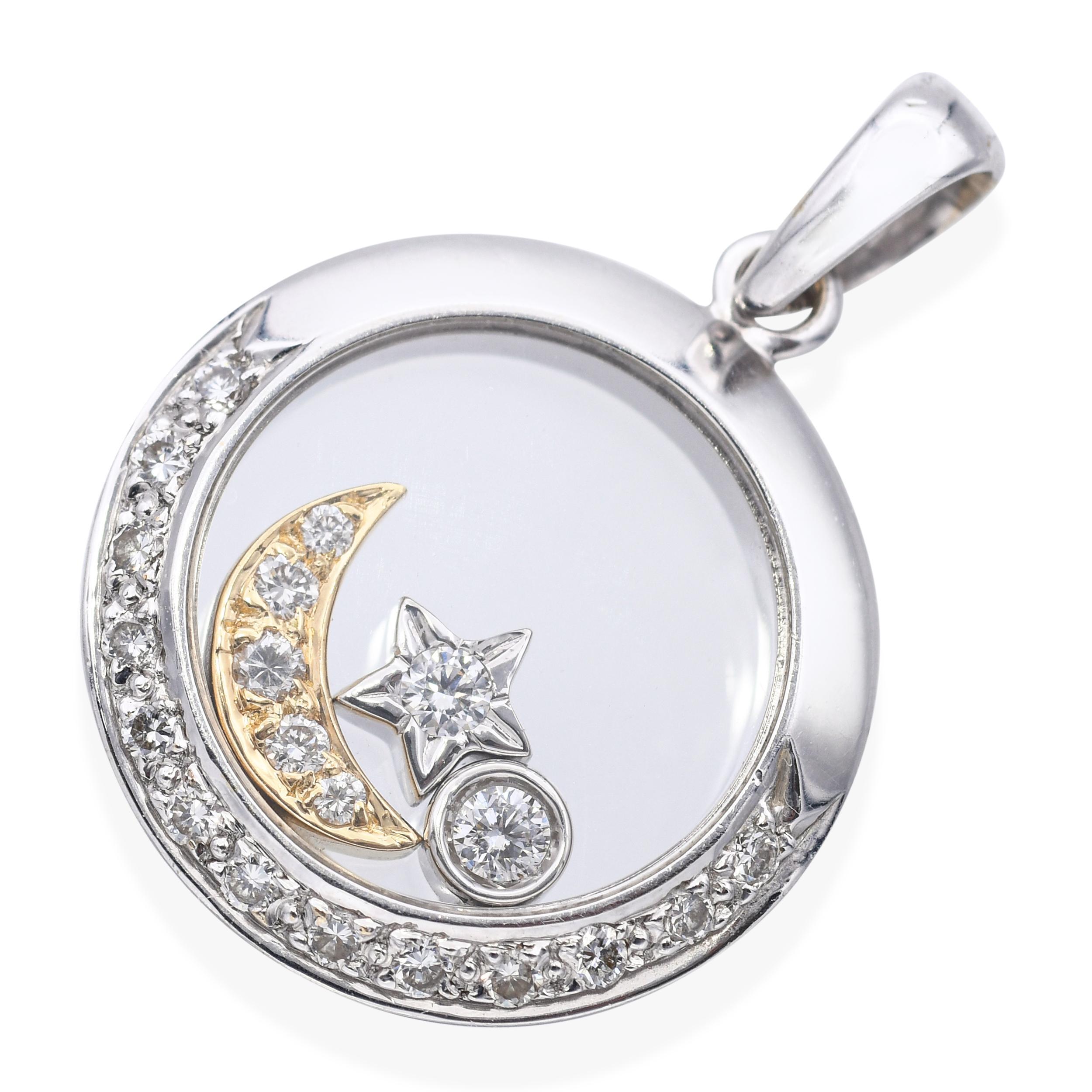 Pendentif lune et étoiles flottantes en or blanc 18k et diamants Pour femmes en vente