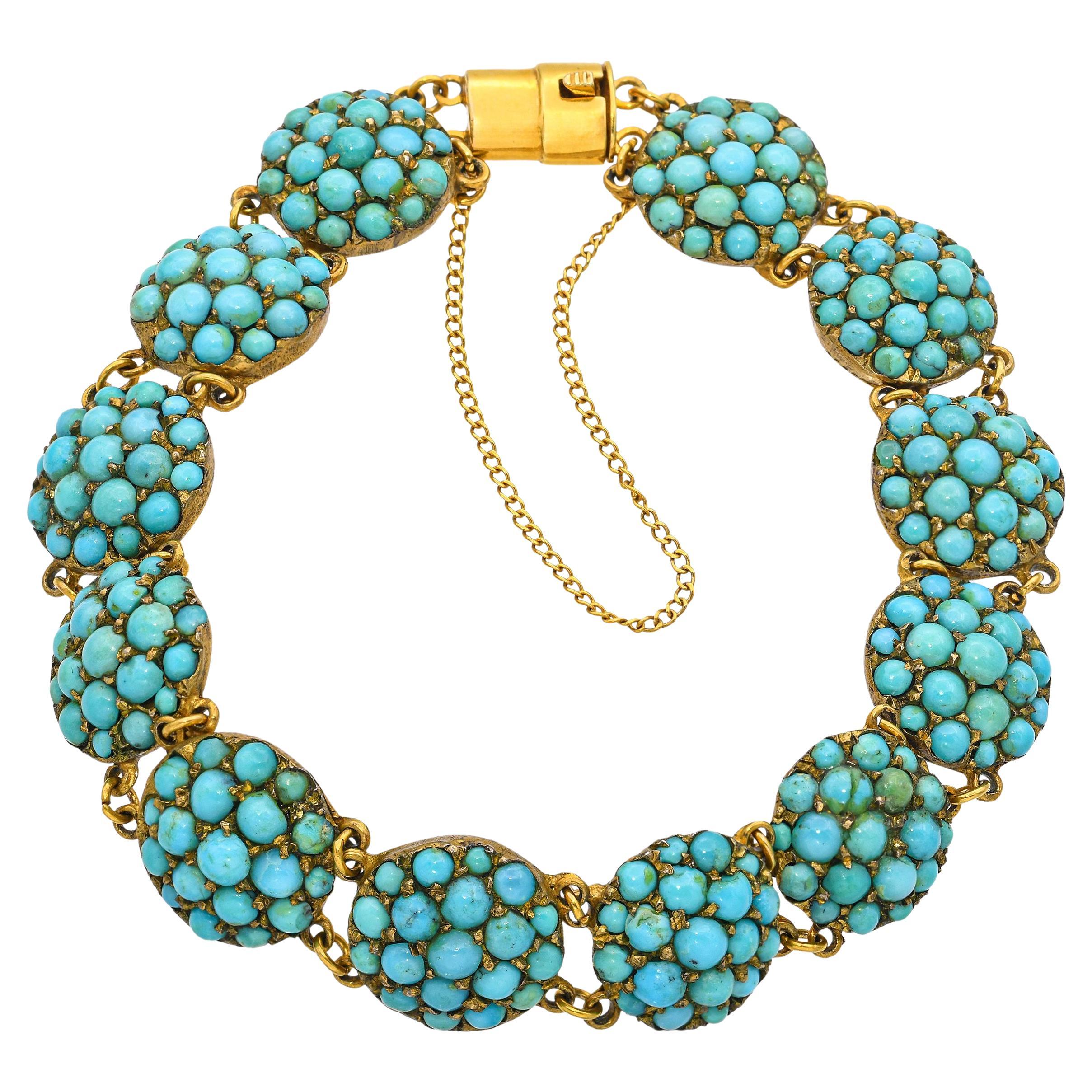 Bracelet ancien à maillons en or jaune 13k et turquoise en vente